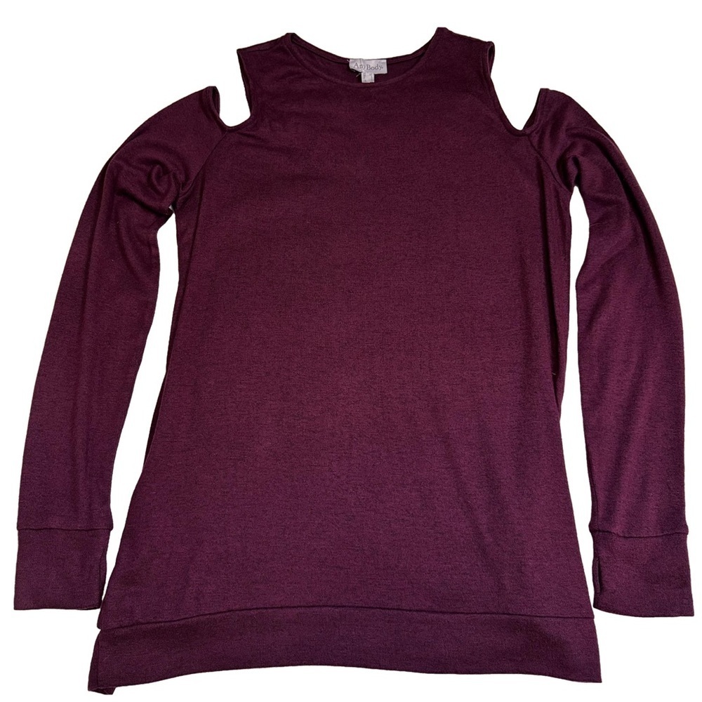 AnyBody Loungewear Womens Brushed Hacci Cold Shoulder Top in  Grape Wine Size XS - Picture 3 of 12